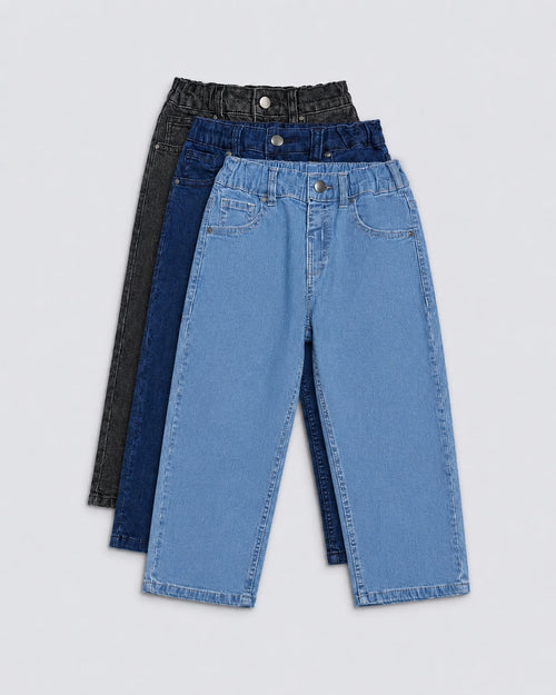 Kids denim jeans pack, denim jeans sale, children's denim jeans, straight fit jeans for kids, relaxed fit jeans for kids, comfortable denim jeans, premium kids jeans, elastic waist denim pants, everyday kids clothing, durable children's jeans, casual kids denim, denim trousers for kids, stylish and comfortable kids jeans.