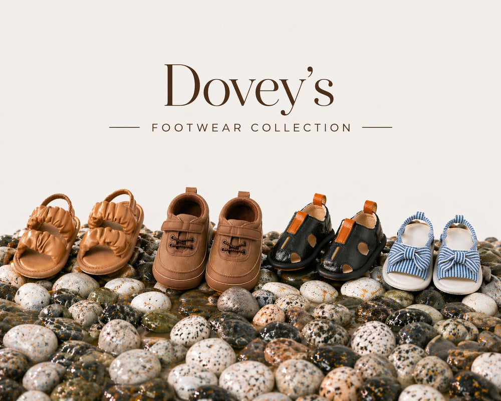 Baby footwear for ages 0–18 months  multiple styles from Dovey's Footwear Collection.