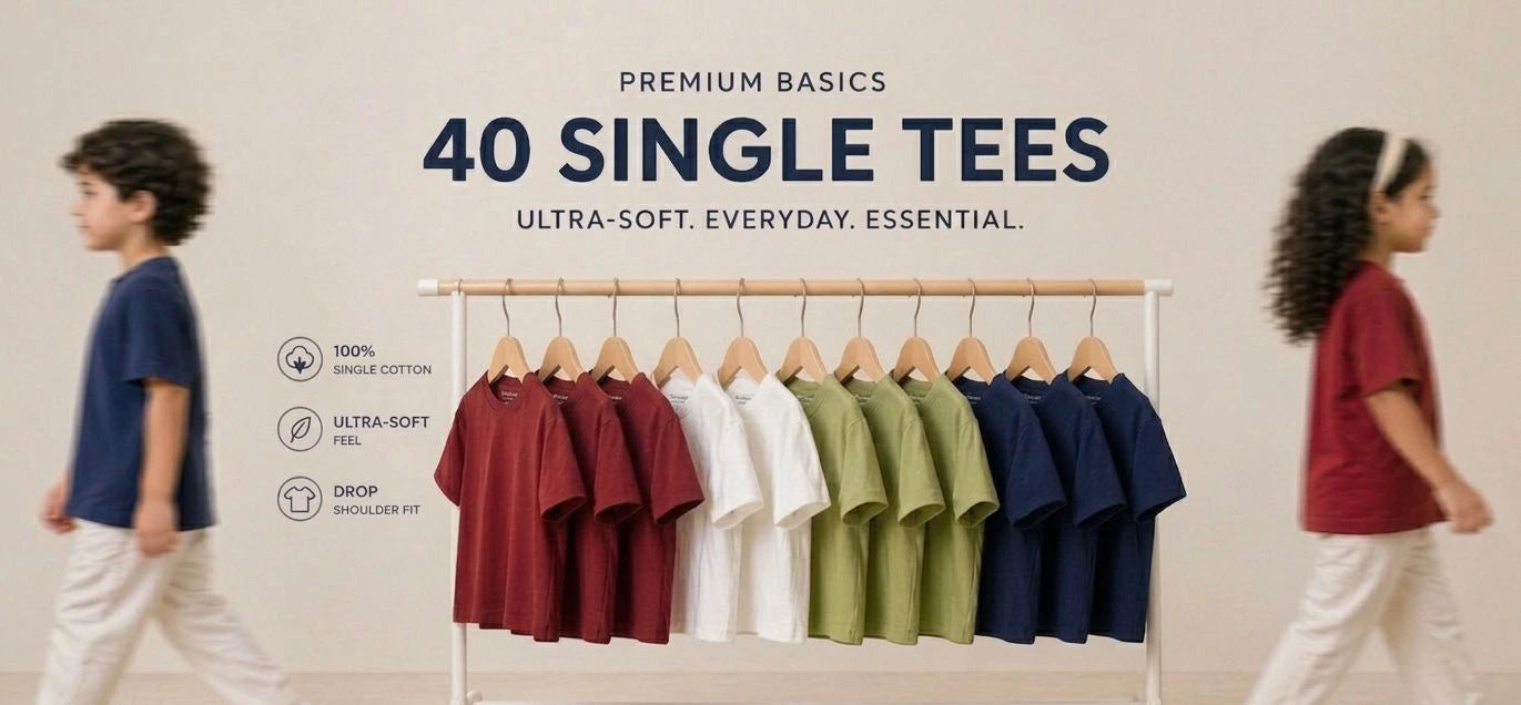 Kids T shirt 40 Single Tees in ultra-soft 100% combed cotton with a drop shoulder fit, available in multiple colors including maroon, white, olive, and navy. Everyday T shirts for boys and girls