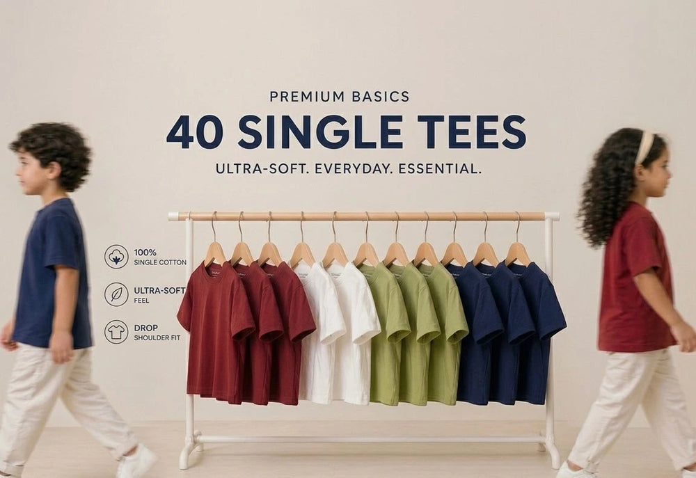 Kids T shirt 40 Single Tees in ultra-soft 100% combed cotton with a drop shoulder fit, available in multiple colors including maroon, white, olive, and navy. Everyday T shirts for boys and girls