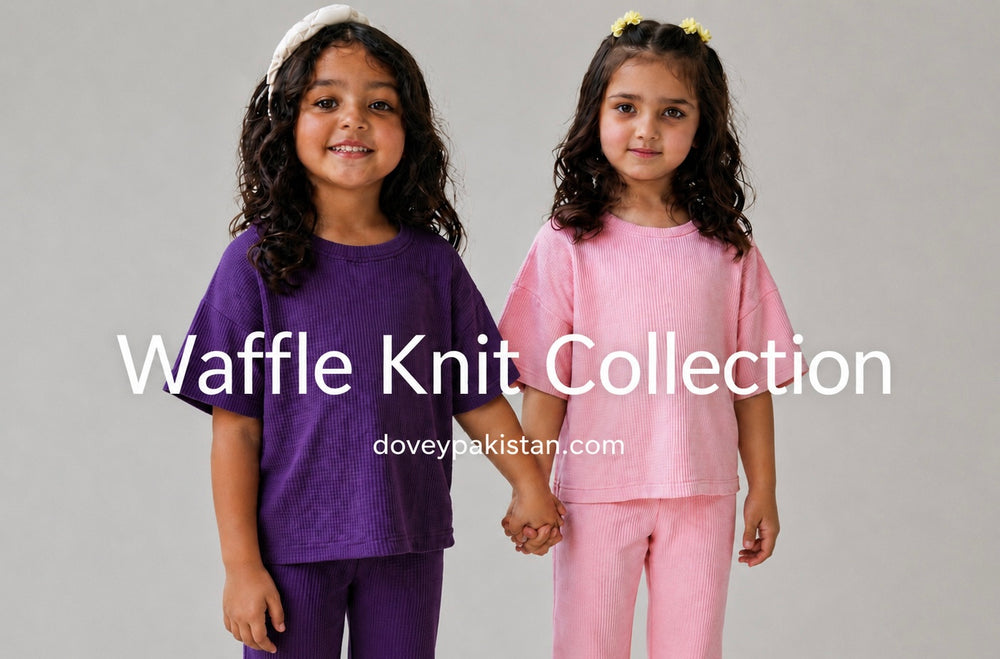 Kids waffle knit co-ord sets, soft breathable matching outfits for boys and girls ages 2-8.